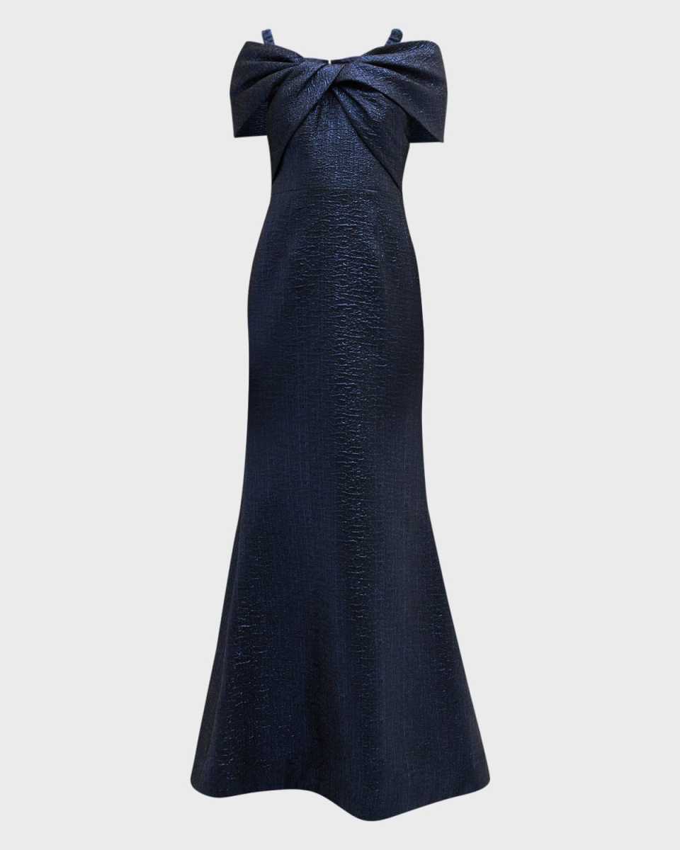 Off-Shoulder Twist-Front Jacquard Gown
